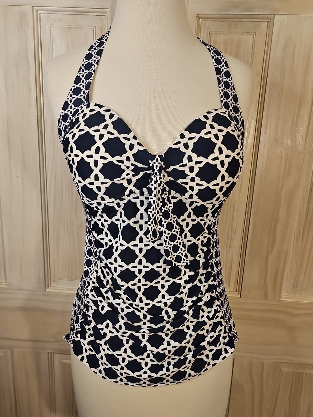 Merona Navy and White Patterned Halter Swim Top Size S